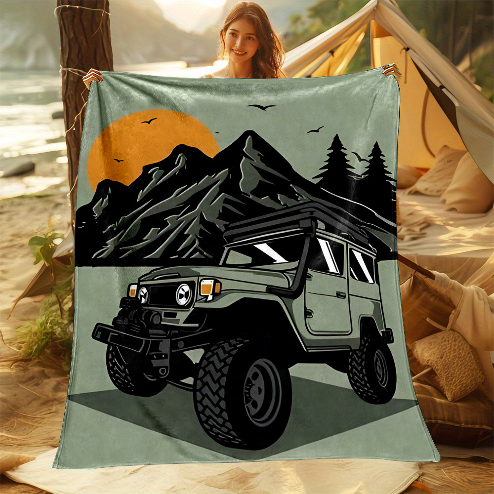 Outdoor Adventure Jeep - 居心地の良いキャンプジープのイラスト入りスローケット、アウトドアアドベンチャー、ピクニック、パティオ、家の装飾に。