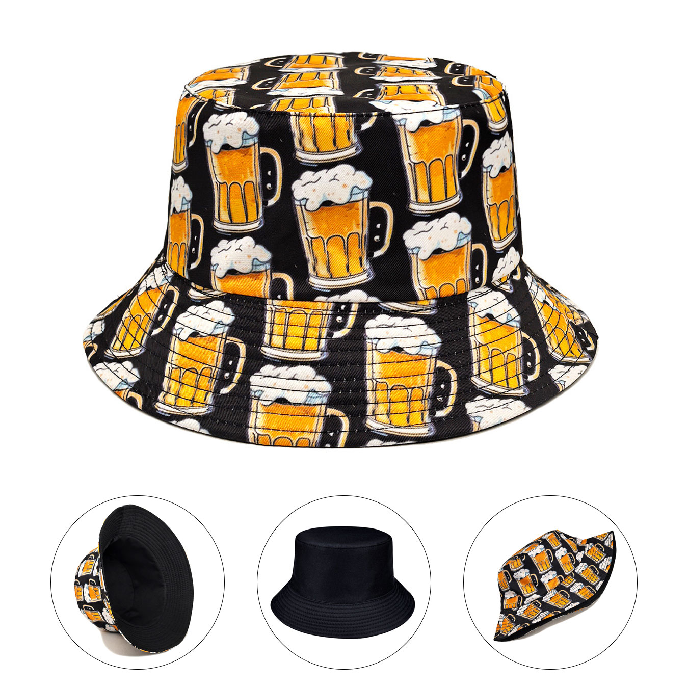 Outdoor Adventure Activities - ファッショナブルなビールプリントの両面バケットハット、日焼け防止ビーチハット、折りたたみ可能、オールシーズン対応、軽量でスタイリッシュな帽子、カジュアルウェア、アウトドアアクティビティ、ビーチ旅行に最適です。